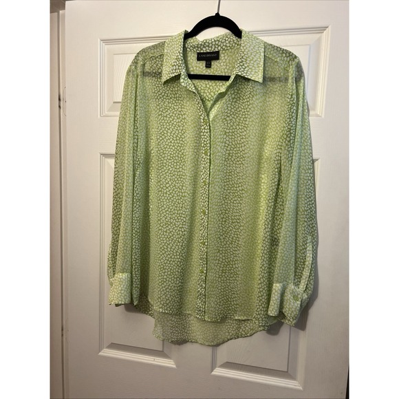 Lane Bryant Top Women 14/16 Lime Green Long Sleeves Sheer Polka Dots Button Up - Picture 1 of 7